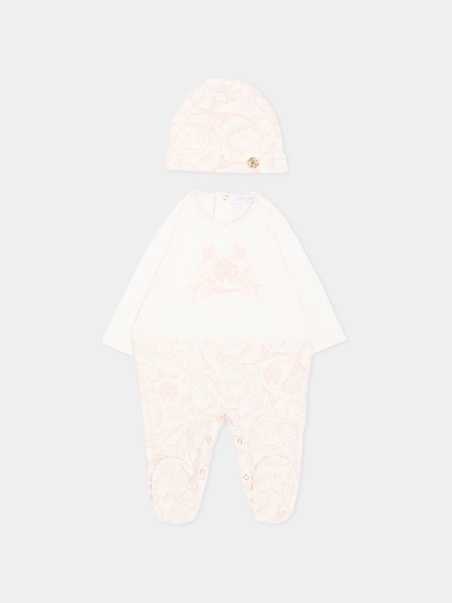 Pink baroque onesie set for Baby Girl with logo,Roberto Cavalli Kids,CLA26031TU AV.ROSA/A.
