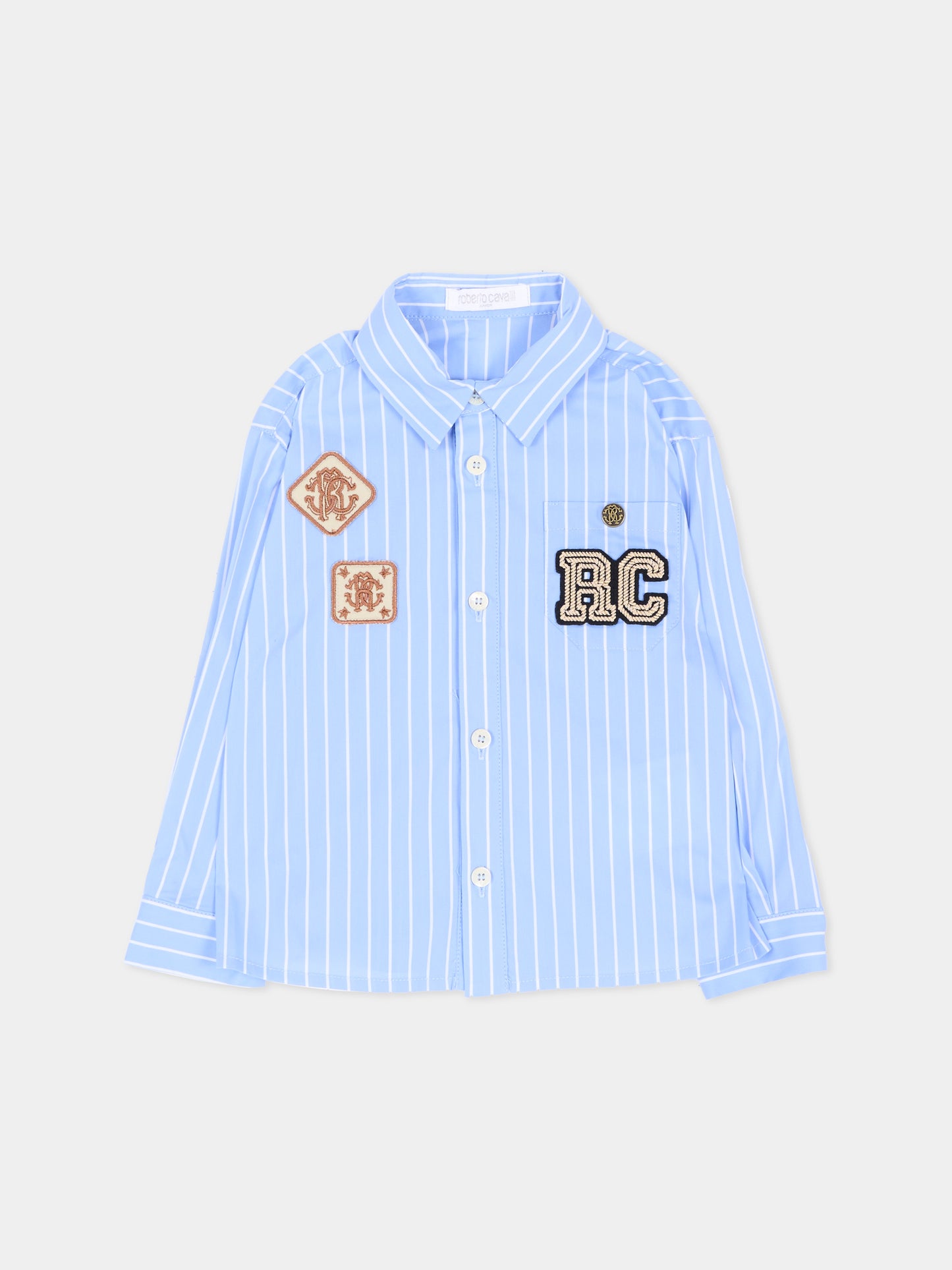 Camicia a manica lunga azzurra per neonato rigata,Roberto Cavalli Kids,CIA26132CA SKYRIDE/WH