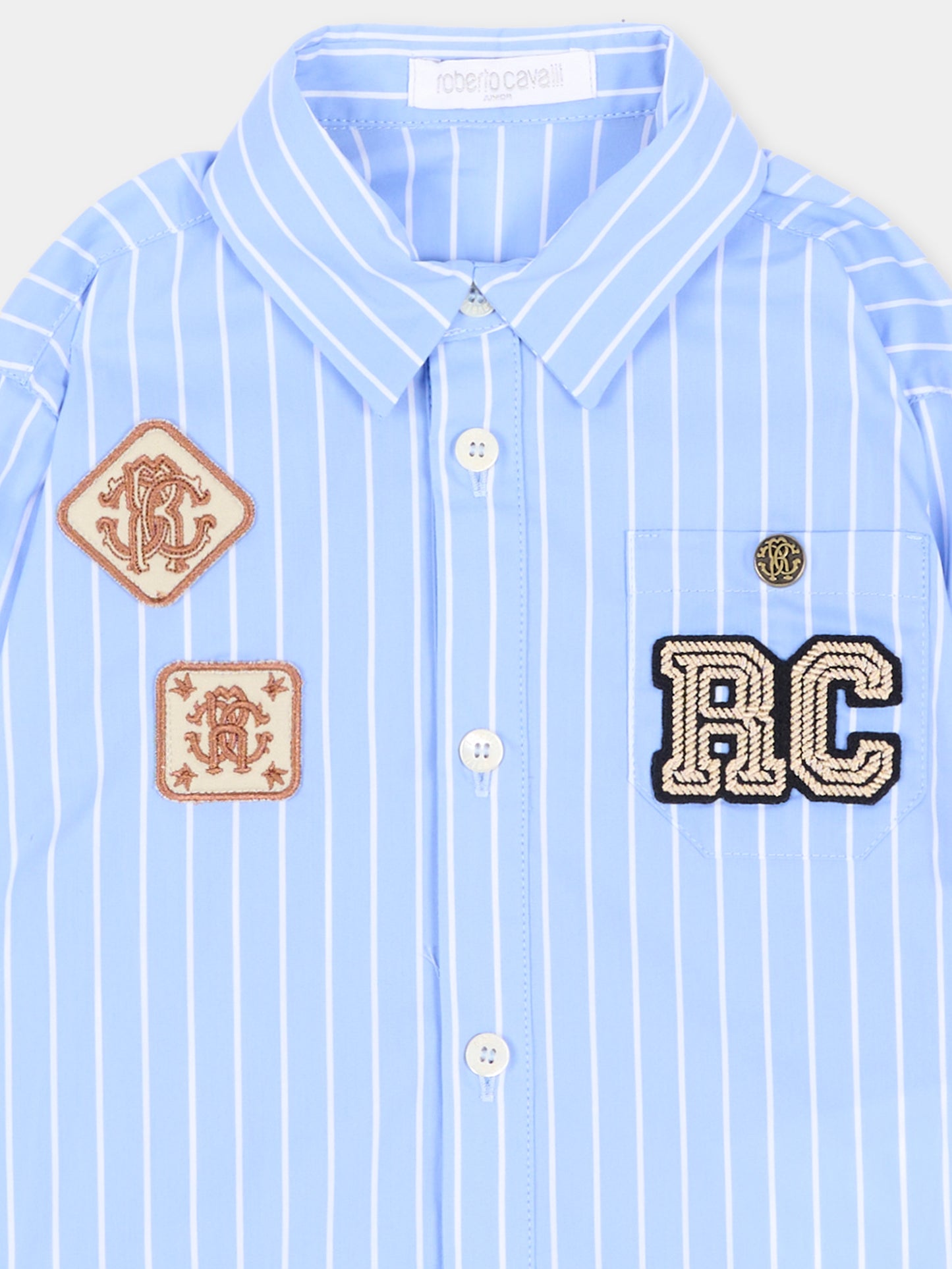 Camicia a manica lunga azzurra per neonato rigata,Roberto Cavalli Kids,CIA26132CA SKYRIDE/WH