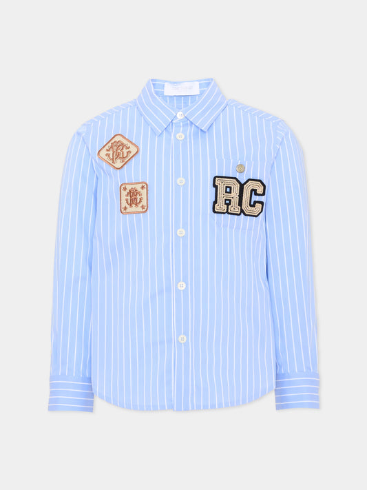 Camicia a manica lunga azzurra per bambino rigata,Roberto Cavalli Kids,CBA26017CA WHITE/SK/B