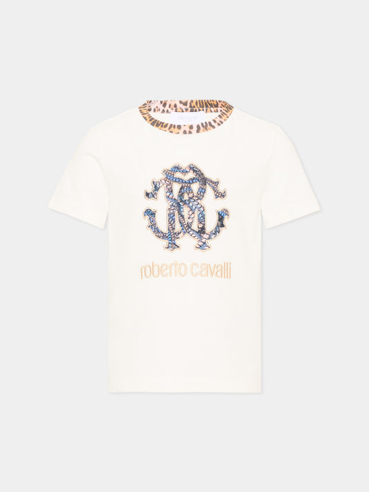 T-shirt avorio per bambina con logo,Roberto Cavalli Kids,CGA26046TS AVORIO_C.C