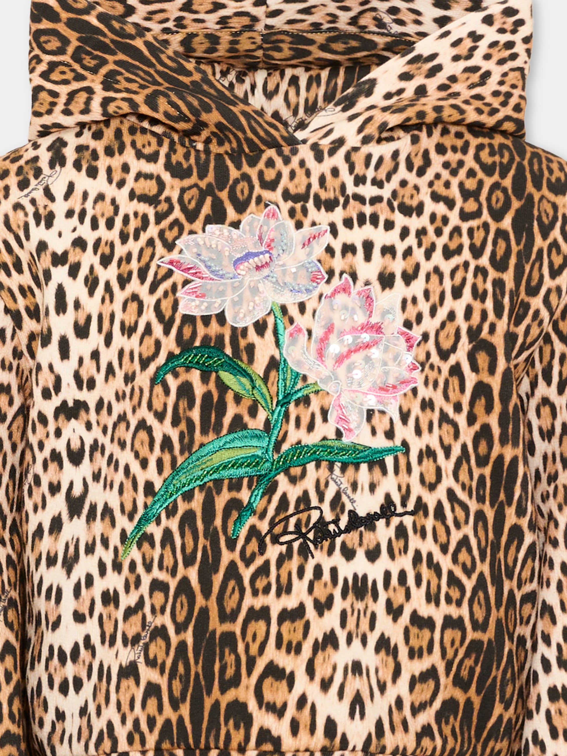 Felpa con cappuccio marrone per bambina animalier,Roberto Cavalli Kids,CGA26042FE GIAG.NATUR