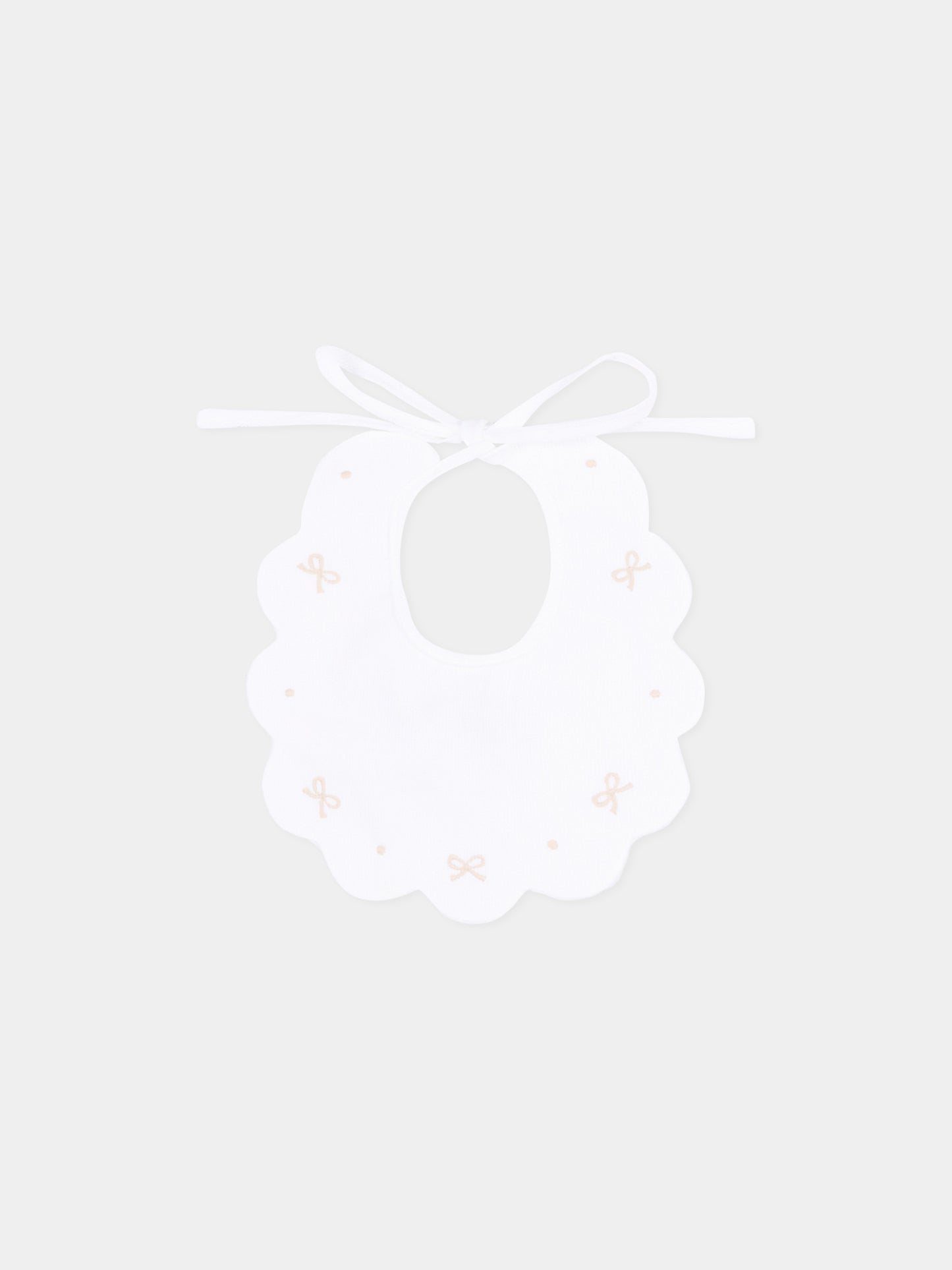 Bavaglino bianco per neonati con ricami beige,Little Bear,2043 BCO/CORDA