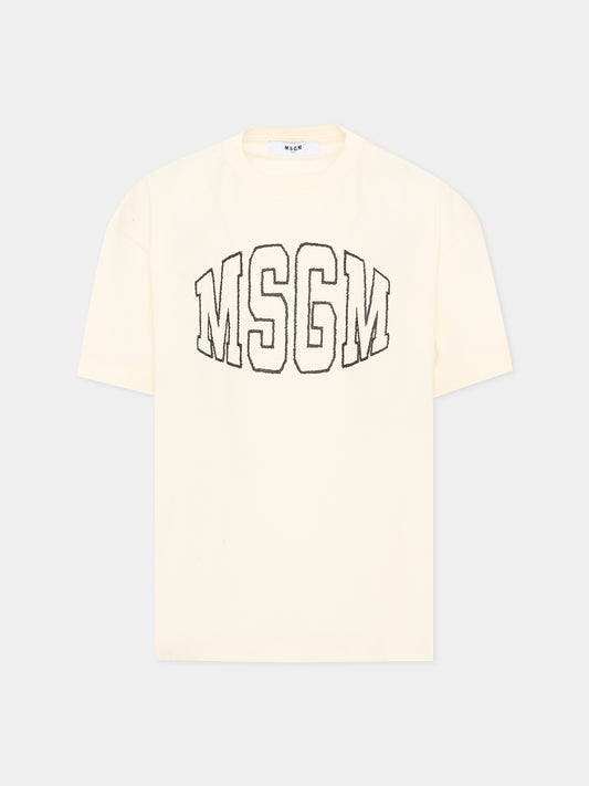 T-Shirt avorio con logo per bambini,Msgm Kids,F6MSJUTH038 013