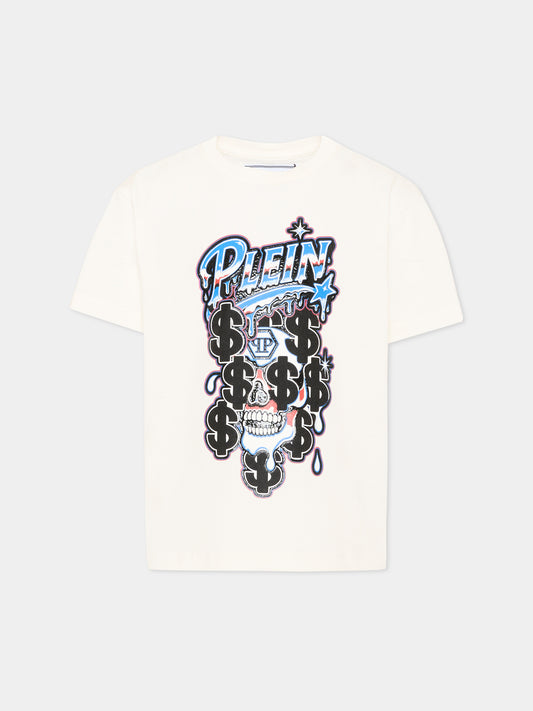 T-Shirt avorio per bambino con logo,Philipp Plein Junior,F6PHJBTH164 002