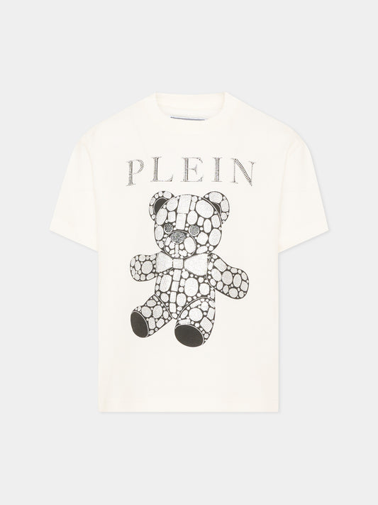 T-shirt avorio per bambina con orsetto e logo,Philipp Plein Junior,F6PHJGTH005 002