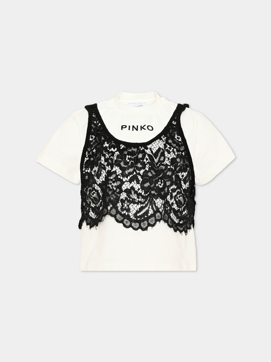 T-shirt a manica corta avorio con dettagli in pizzo per bambina,Pinko,KFTS064 C JE018 0905