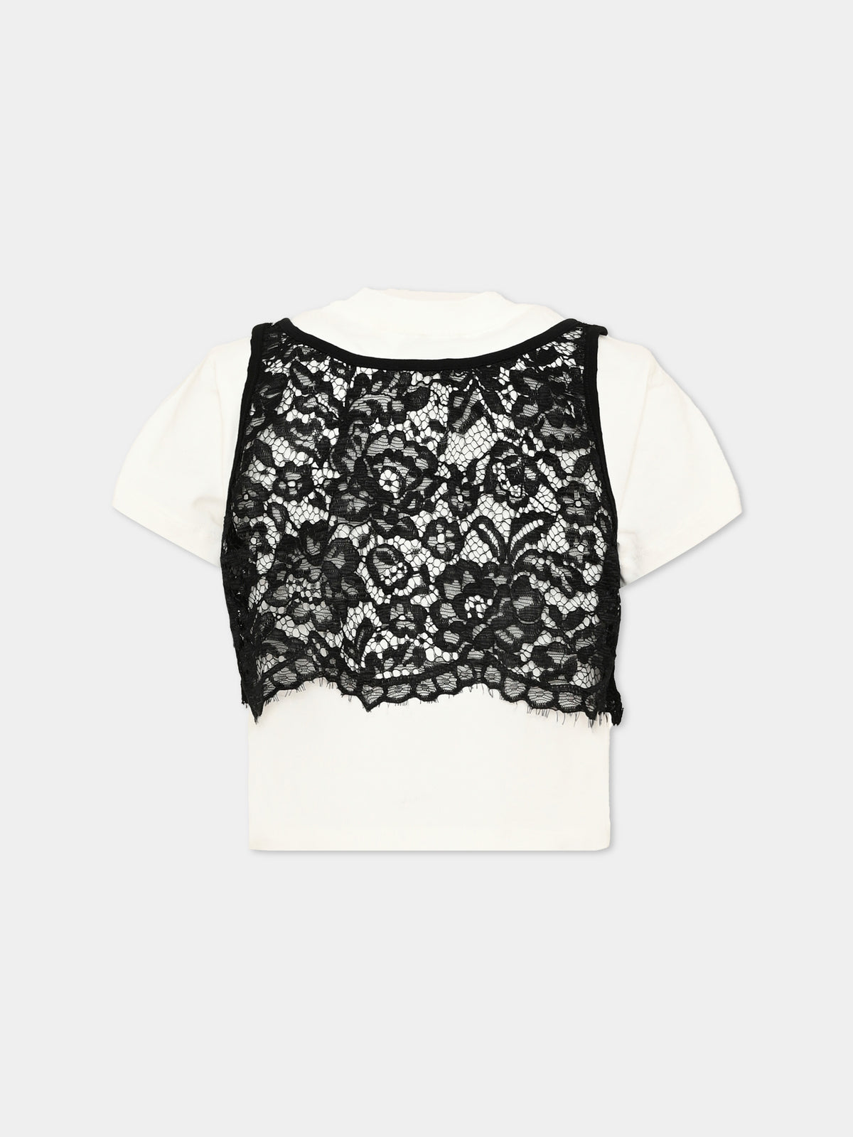 T-shirt a manica corta avorio con dettagli in pizzo per bambina,Pinko,KFTS064 C JE018 0905