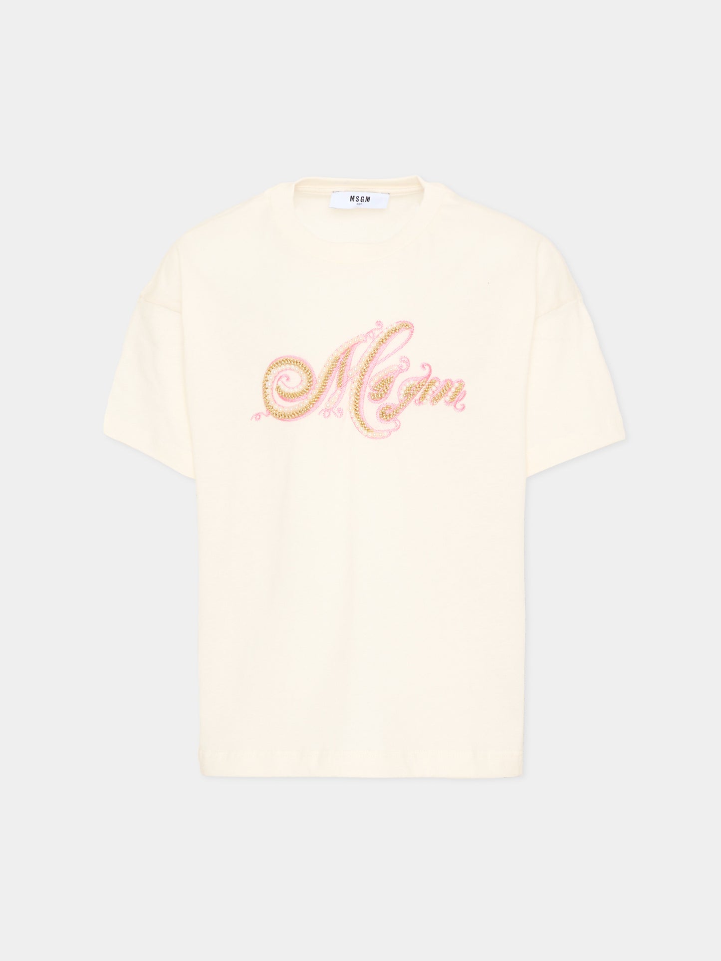 T-Shirt avorio per bambina con logo,Msgm Kids,F5MSJGTH153 013