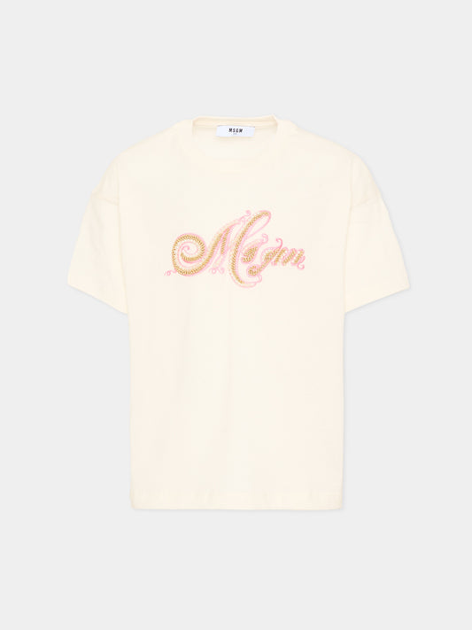 T-Shirt avorio per bambina con logo,Msgm Kids,F5MSJGTH153 013