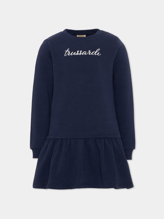 Vestito blu per bambina con logo,Trussardi Junior,TIA26026VE BLUE_NAVAL BLUE NAVAL