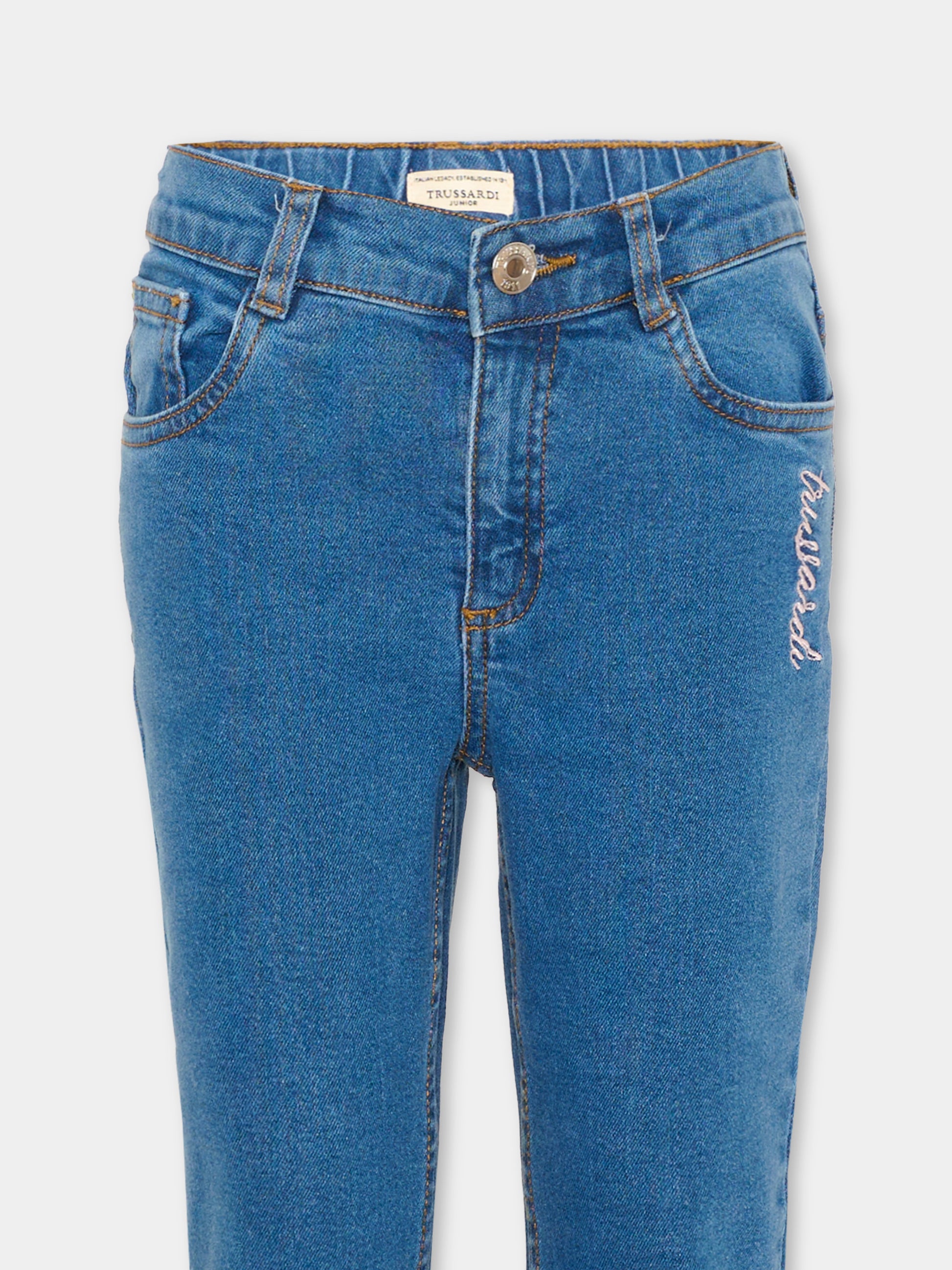 Jeans denim per bambina con ricamo,Trussardi Junior,TIA26032JE D.BLUE_LIG DENIM BLUE LIGHT