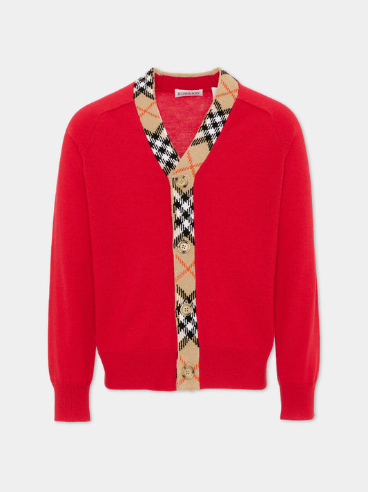 Cardigan rosso per bambini con vintage check,Burberry Kids,8130898 A4587