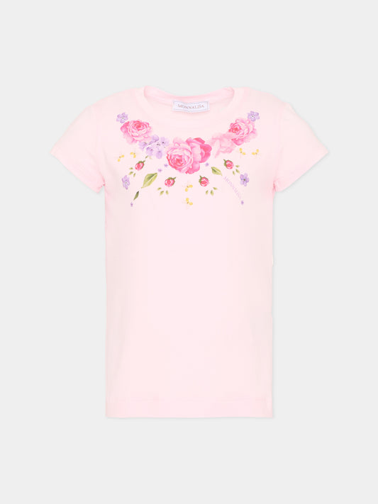 T-Shirt rosa per bambina con stampa floreale,Monnalisa,11G605 7201 0090