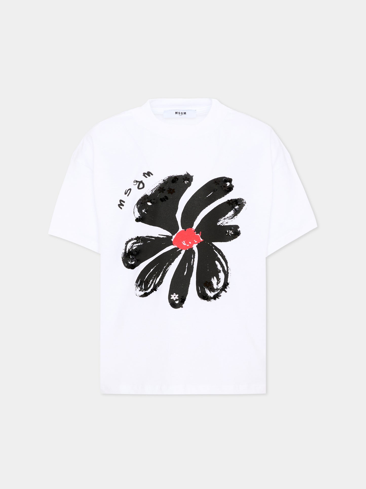 T-Shirt bianca per bambina con fiore,Msgm Kids,S6MSJGTH080 001