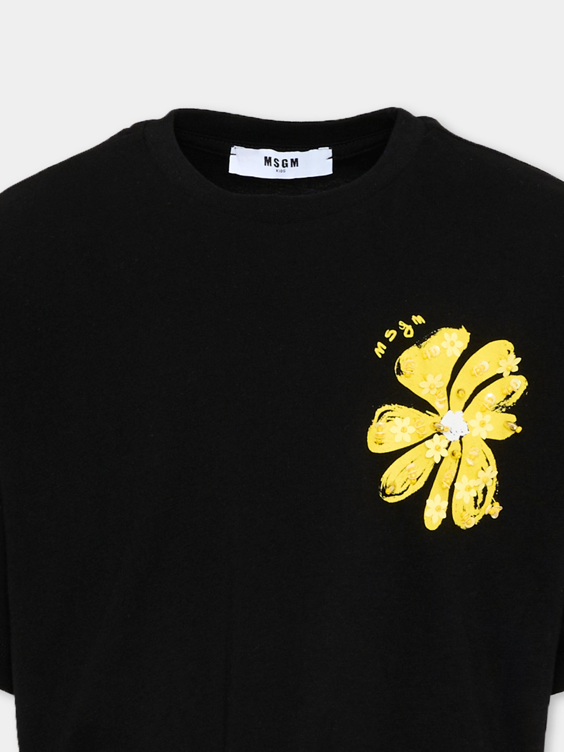 T-Shirt nera per bambina con fiore,Msgm Kids,S6MSJGTH106 110