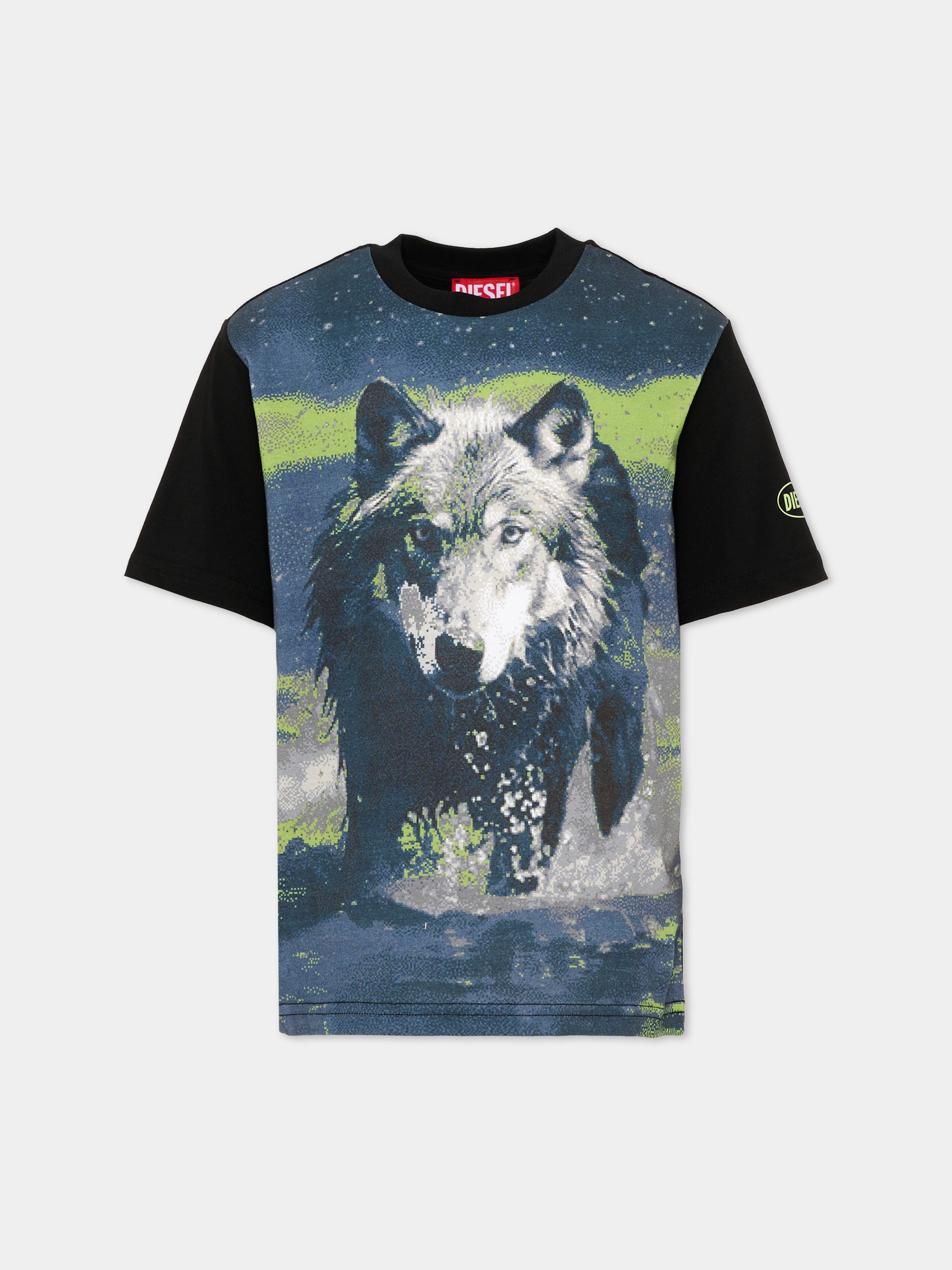 T-Shirt nera per bambino con lupo,Diesel,J02462 0GRAM K900