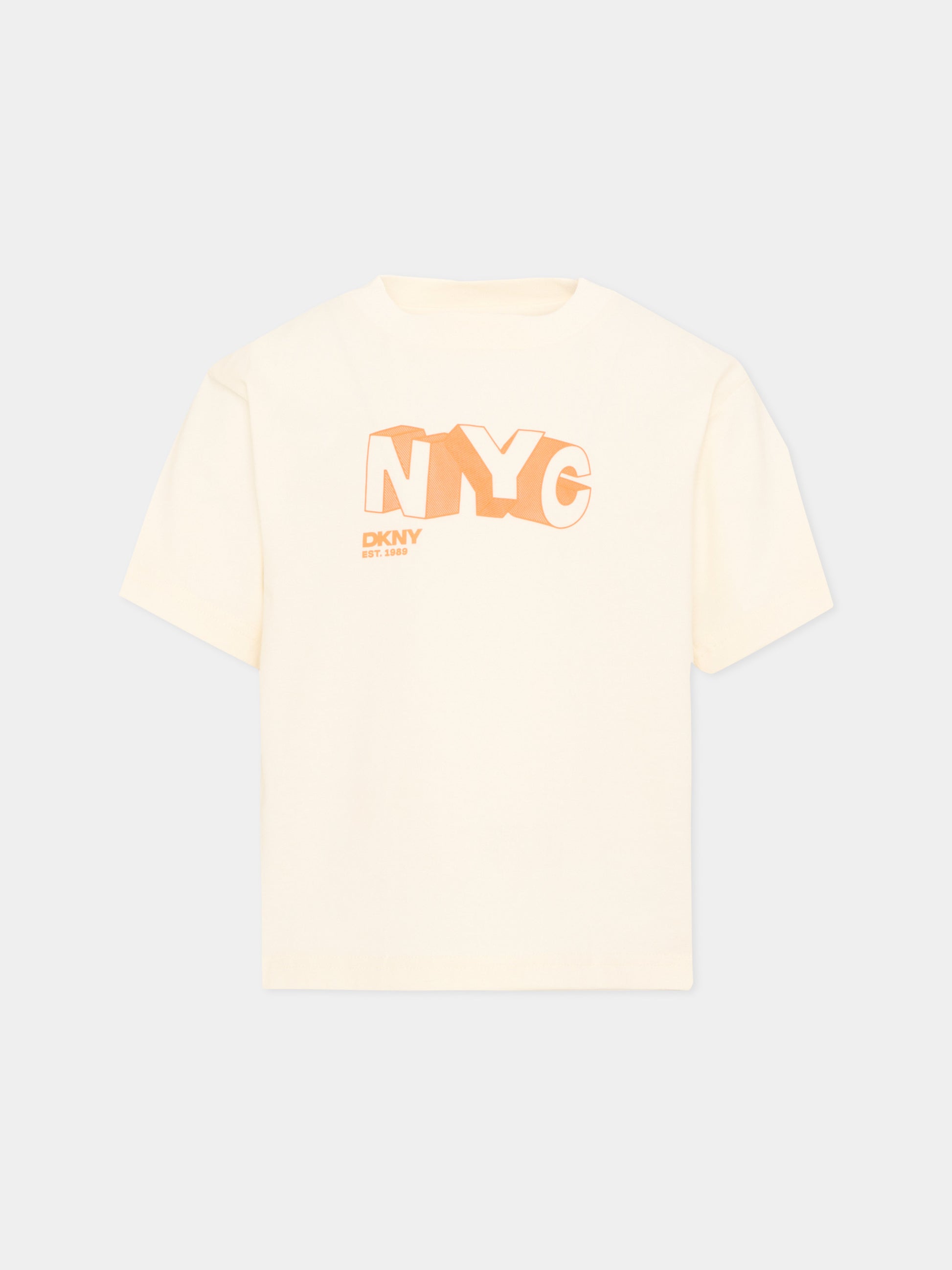 T-Shirt avorio per bambino con logo,Dkny,D62542 519