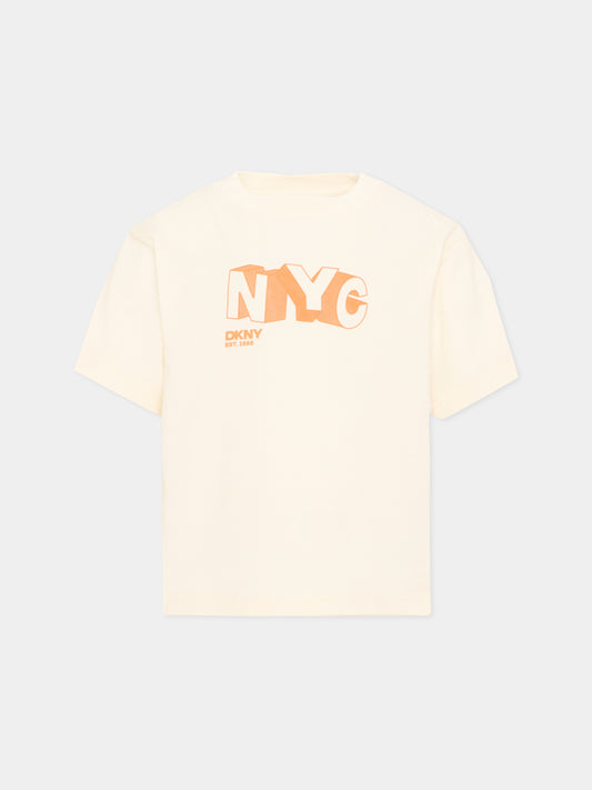 T-Shirt avorio per bambino con logo,Dkny,D62542 519