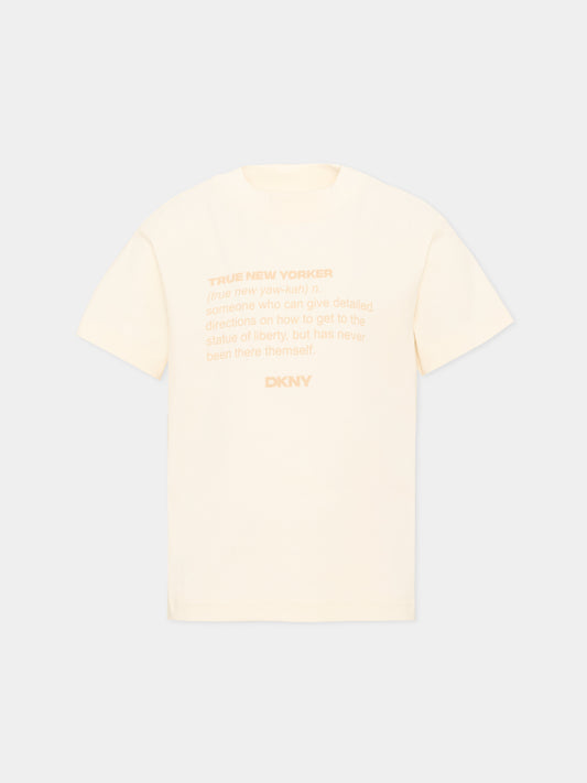 T-Shirt avorio per bambino con logo,Dkny,D62548 519