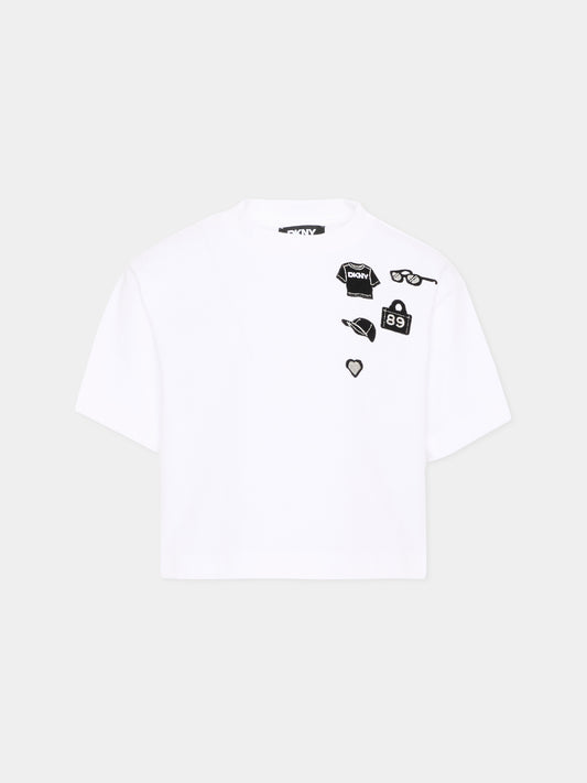 T-Shirt bianca per bambina con logo,Dkny,D62590 10P