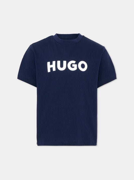 T-Shirt blu per bambino con logo,Hugo,G01016 85C