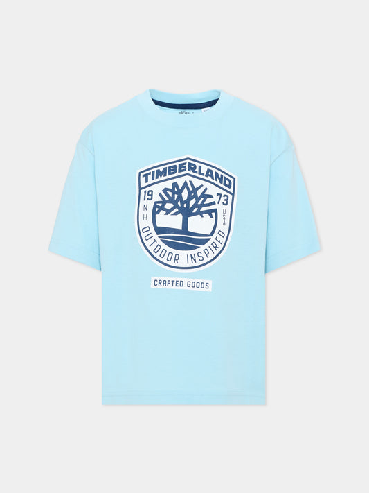 T-Shirt celeste per bambino con logo,Timberland,T60791 77B