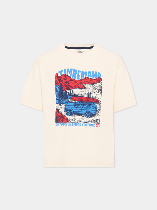 T-shirt avorio per bambino con stampa,Timberland,T60795 127