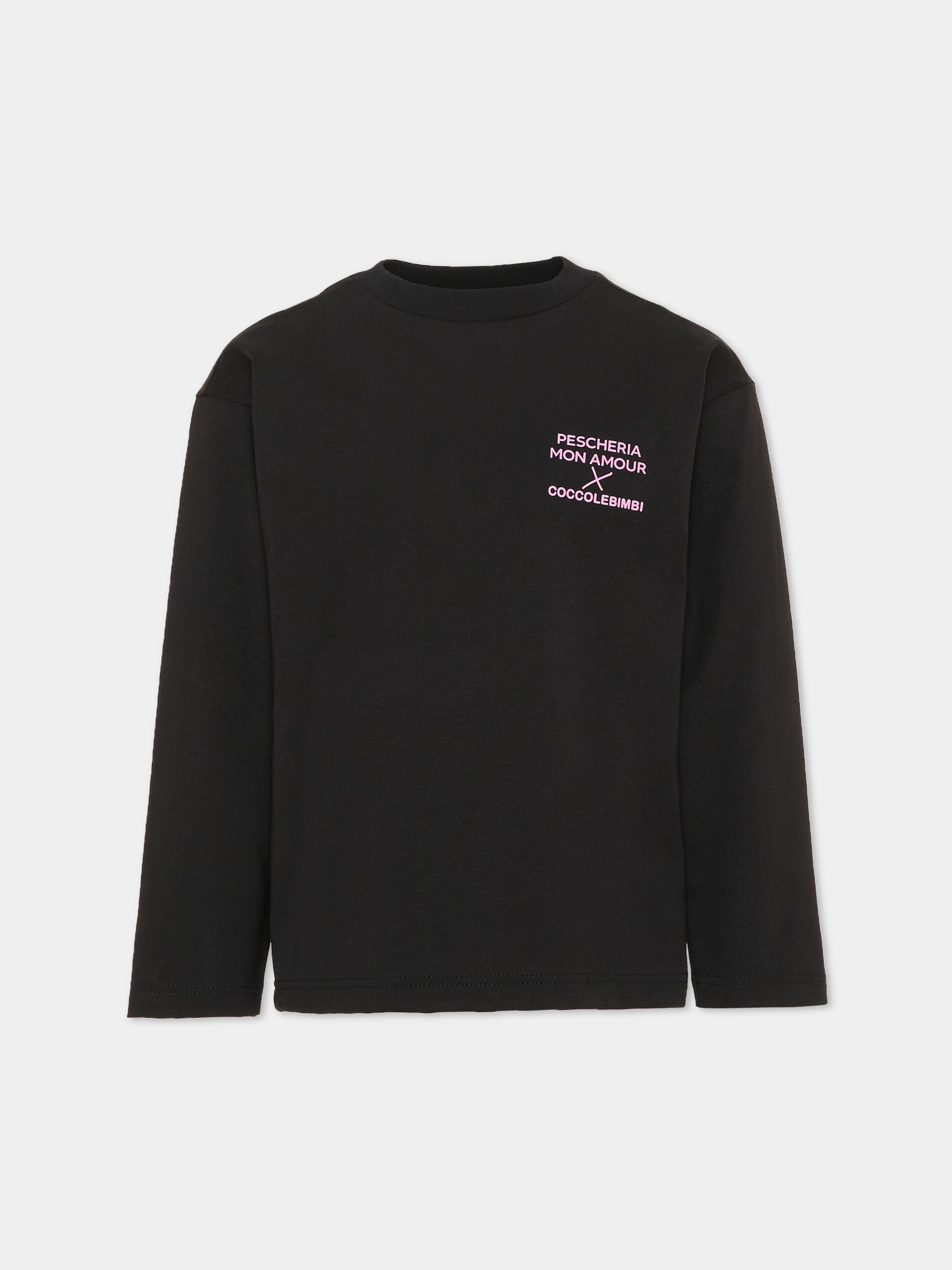 T-shirt a manica lunga nera per bambini con frase sul retro,Pescheria Mon Amour X Coccolebimbi,PMAK LS002 BLK
