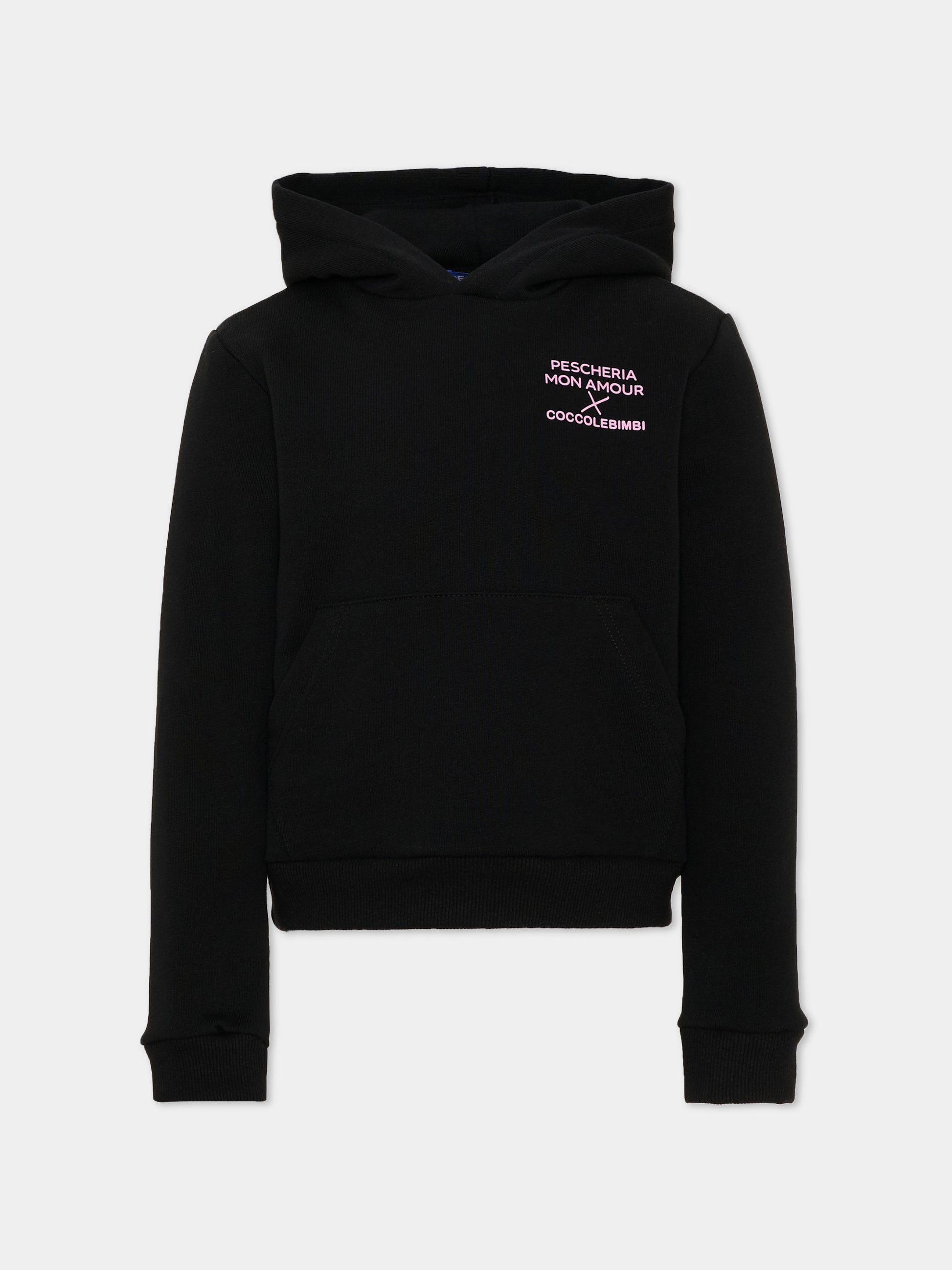Felpa con cappuccio nera con stampa,Pescheria Mon Amour X Coccolebimbi,PMAK HD003 BLK