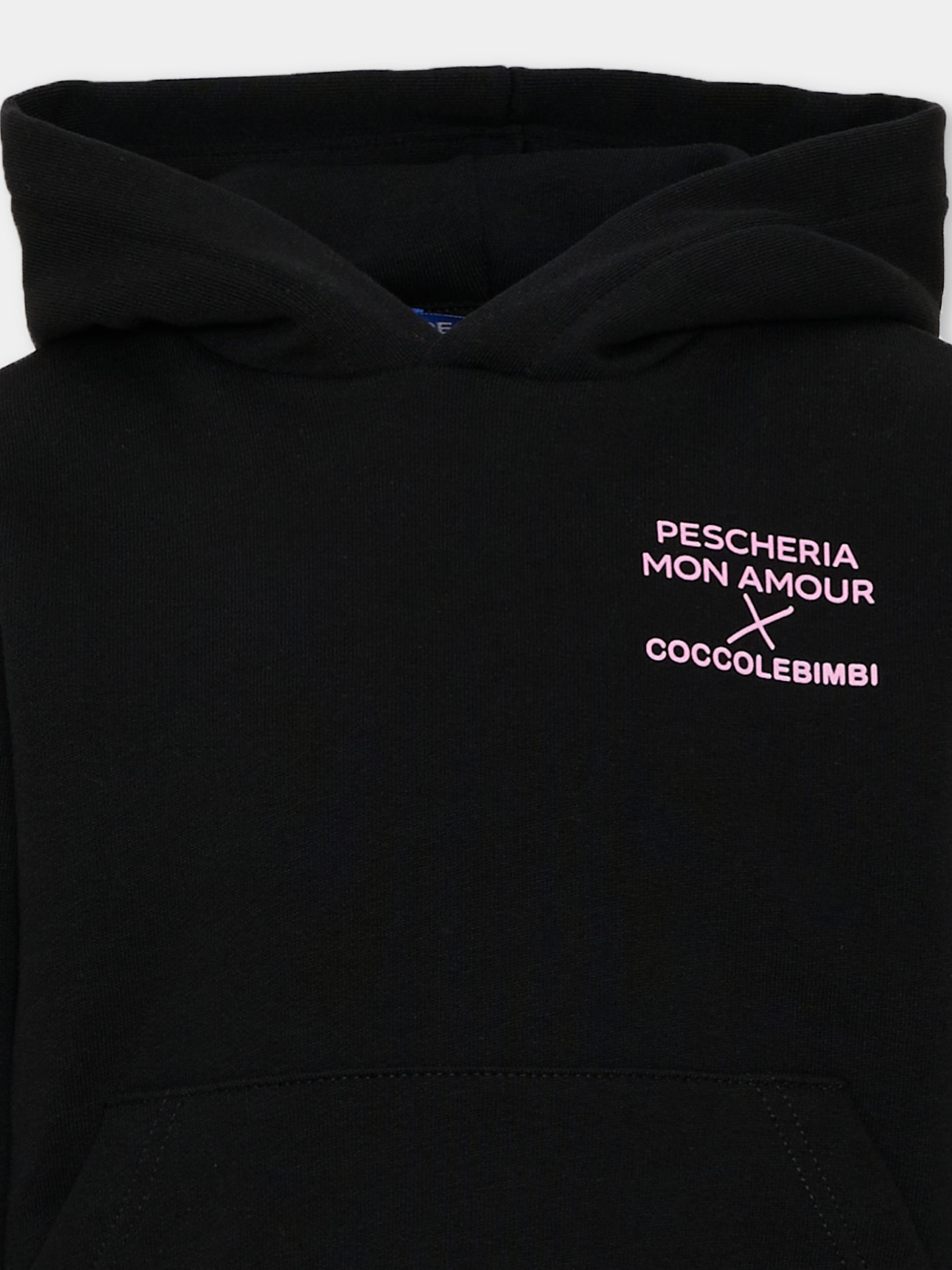 Felpa con cappuccio nera con stampa,Pescheria Mon Amour X Coccolebimbi,PMAK HD003 BLK