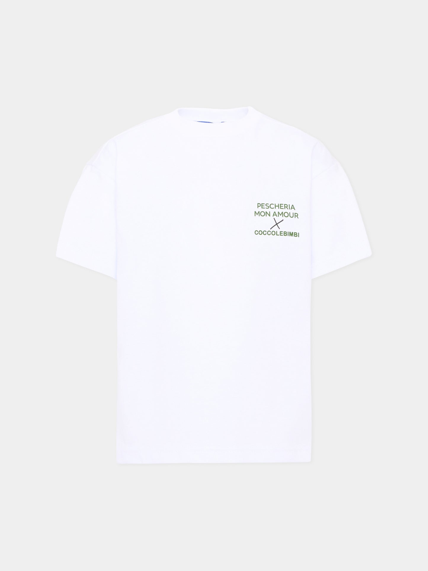 T-shirt a manica corta bianca per bambini con frase sul retro,Pescheria Mon Amour X Coccolebimbi,PMAK TS007 WHT