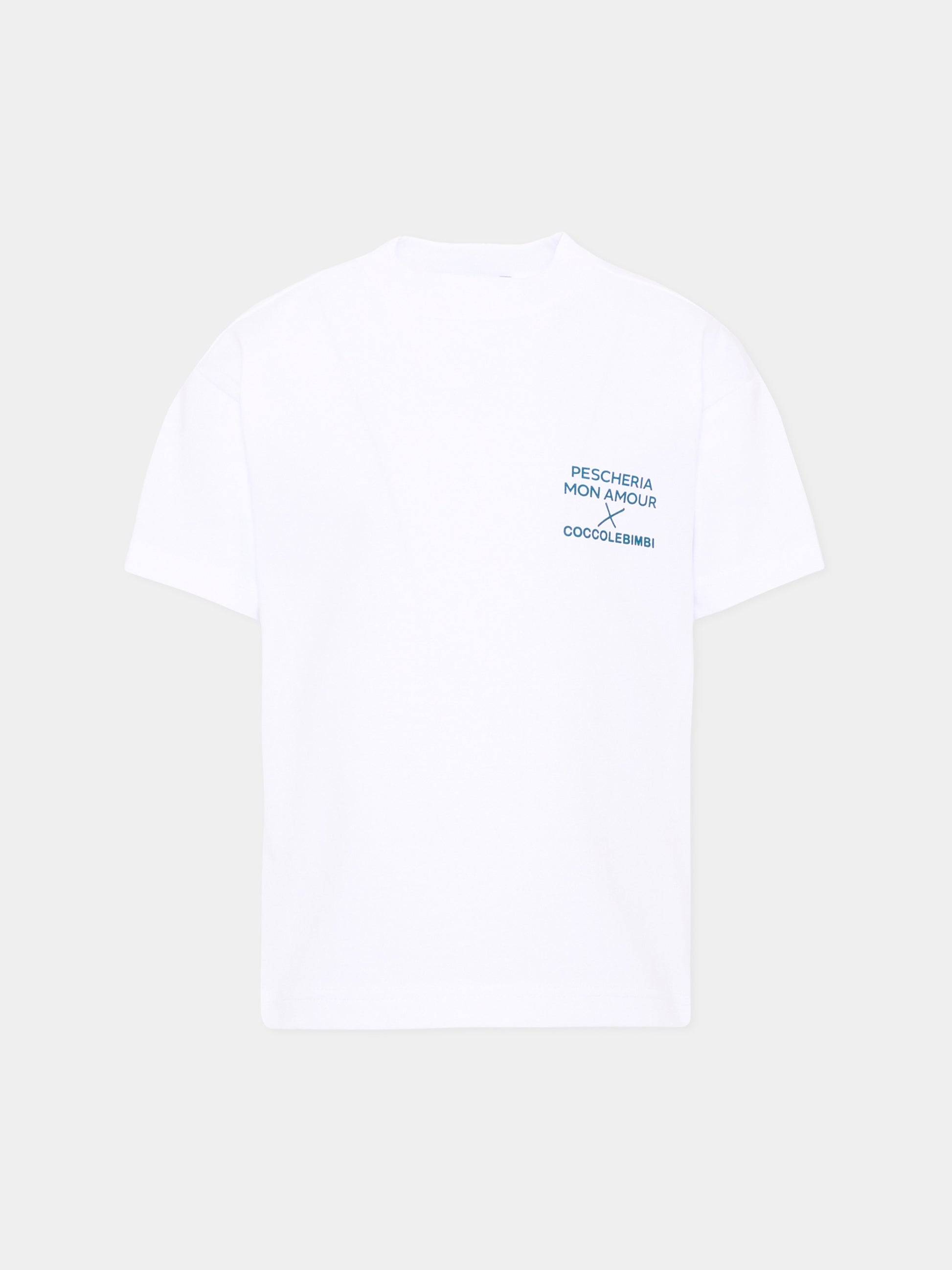 T-shirt a manica corta bianca per bambini con frase sul retro,Pescheria Mon Amour X Coccolebimbi,PMAK TS010 WHT