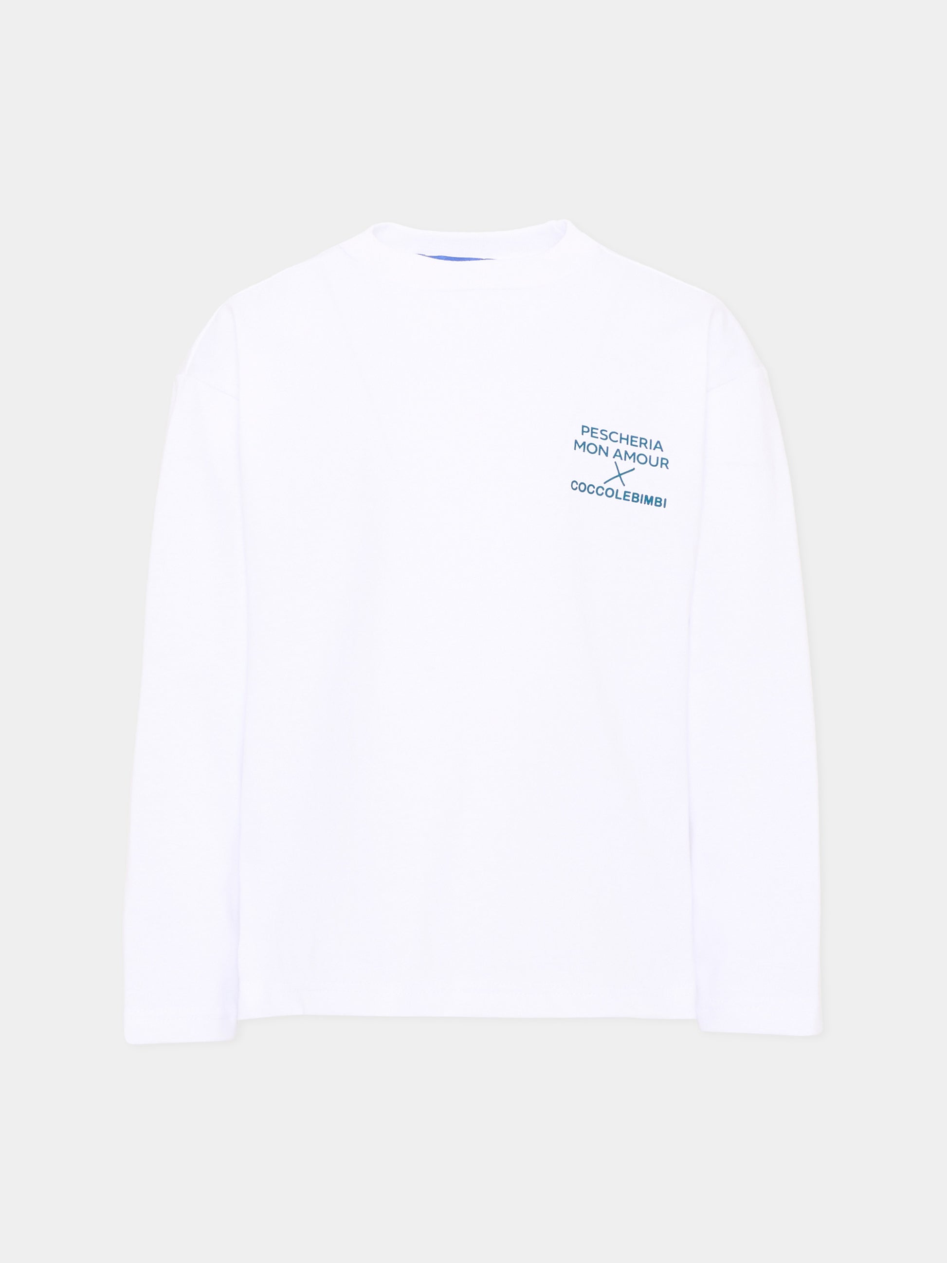 T-shirt a manica lunga bianca per bambini con frase sul retro,Pescheria Mon Amour X Coccolebimbi,PMAK LS011 WHT