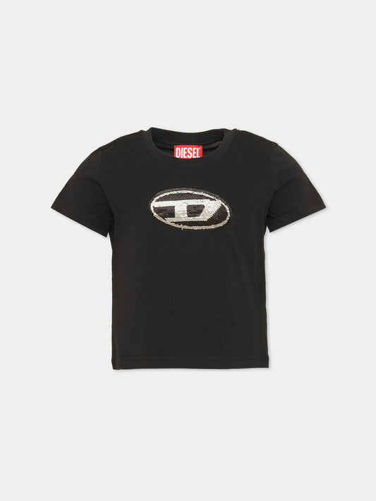 T-shirt nera per bambina con logo D,Diesel,J02371 KYAUN K900