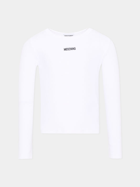 T-shirt a manica lunga bianca con logo per bambina,Moschino Kids,HAO011 LBA39 10101