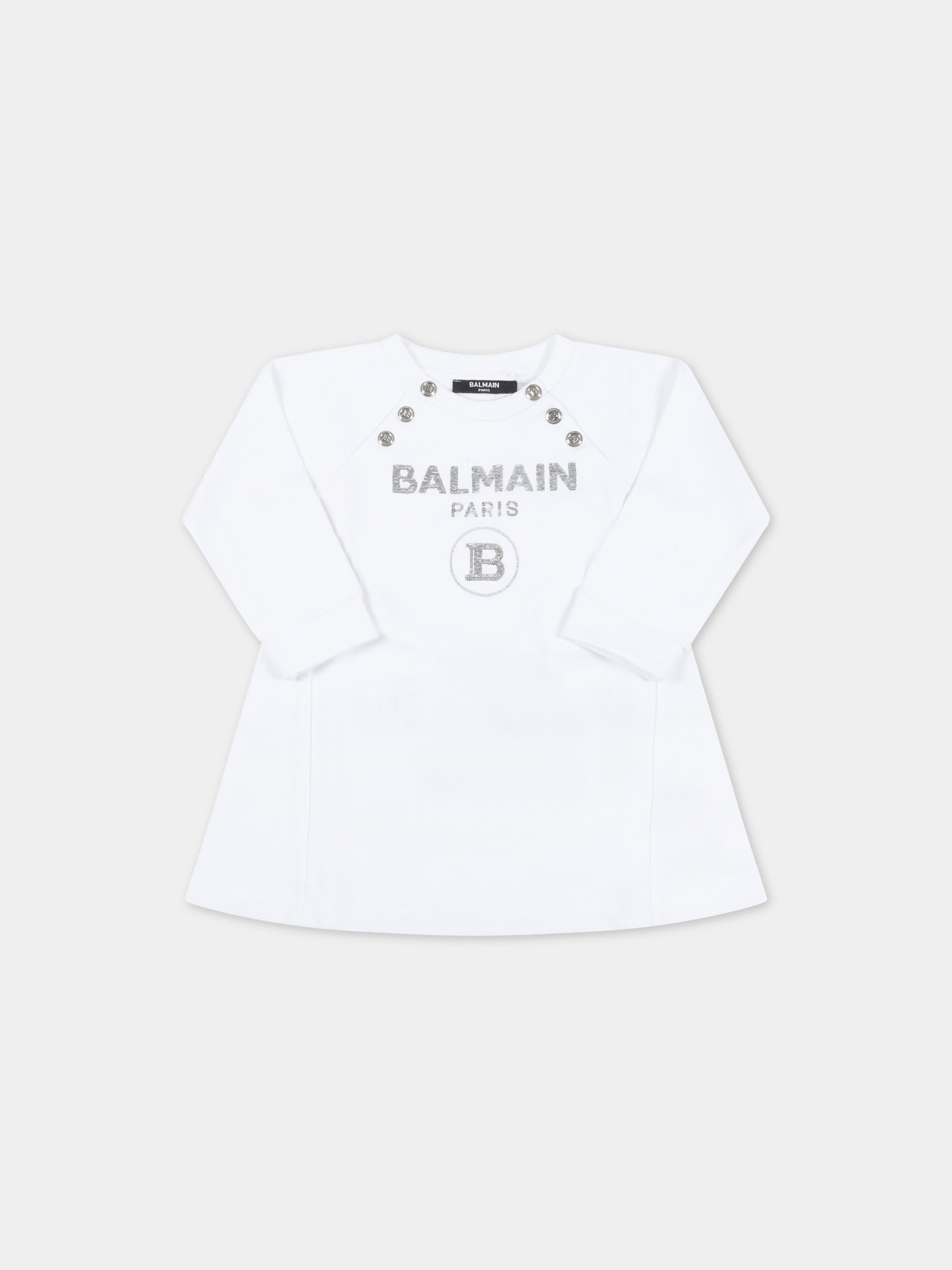 Vestito bianco per neonata con logo argentato,Balmain Kids,6Q1860 F0015 100AG