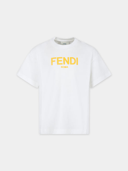 T-shirt bianca per bambini con logo giallo,Fendi Kids,JUI137 7AJ F0TU9