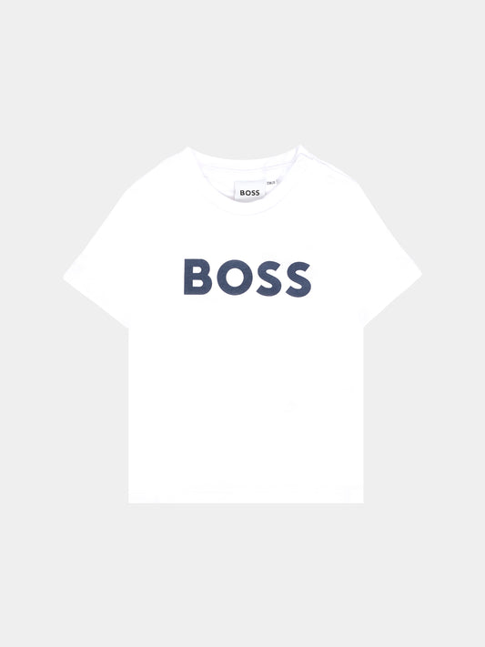 T-shirt bianca per neonato con logo blu,Boss,J05P12 10P