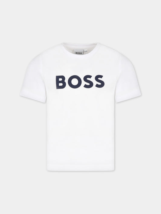 T-shirt bianca per bambino con logo blu,Boss,J25P24 10P