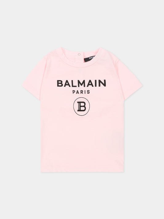 T-shirt rosa per neonata con loghi neri,Balmain Kids,6R8621 Z0112 539NE