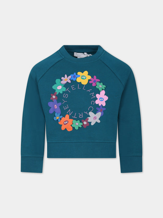 Felpa verde per bambina con fiori e logo,Stella Mccartney Kids,TT4B70 Z0447 619