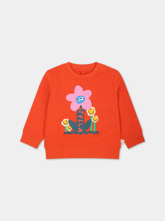 Felpa arancione per neonata con stampa fiori e logo,Stella Mccartney Kids,TT4040 Z0447 437