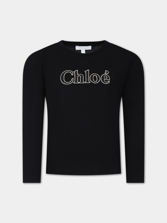 T-shirt nera per bambina con logo,Chloé Kids,C15E32 09B