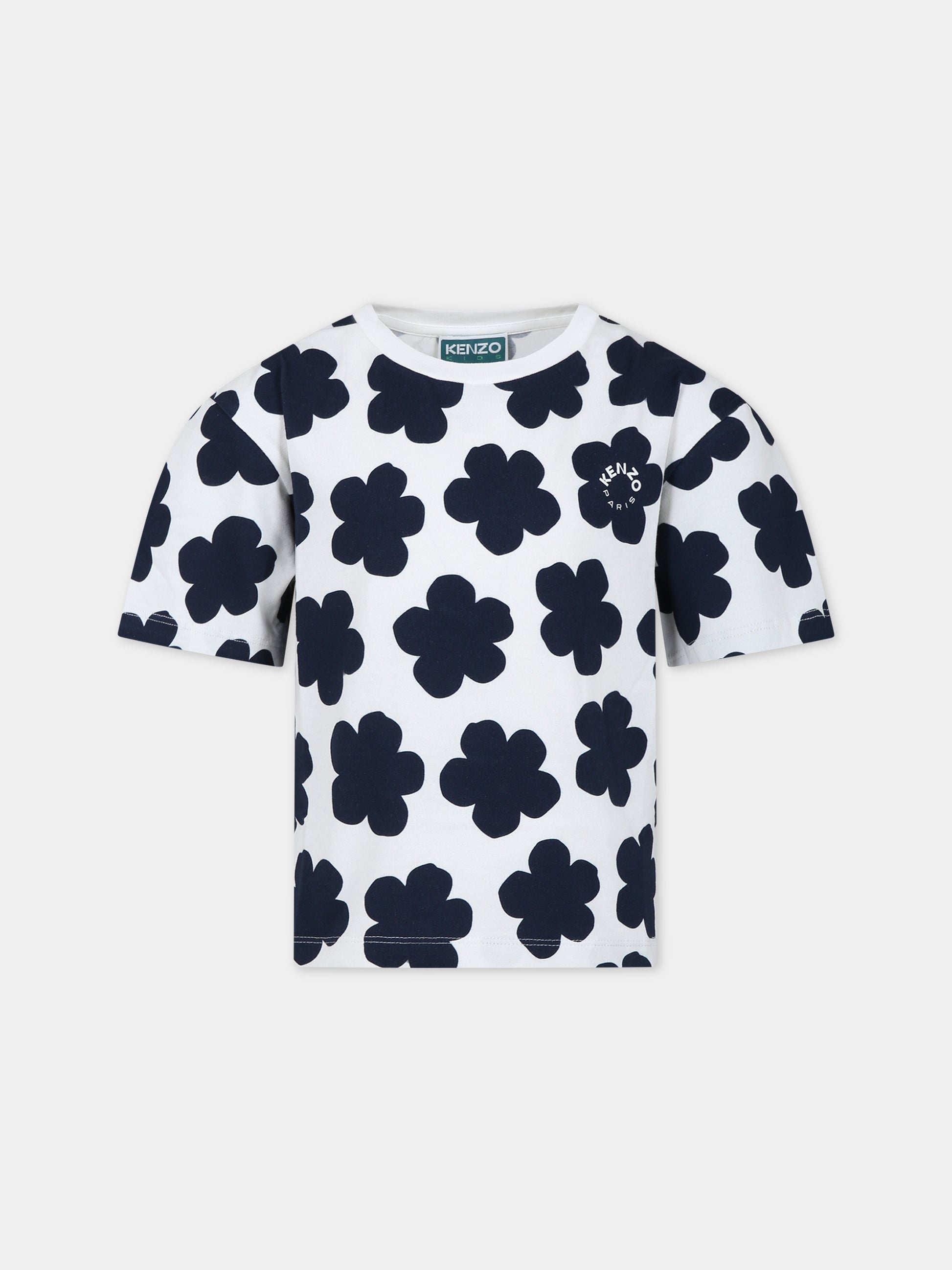 T-shirt bianca per bambina con logo e fiori,Kenzo Kids,K15711 12P