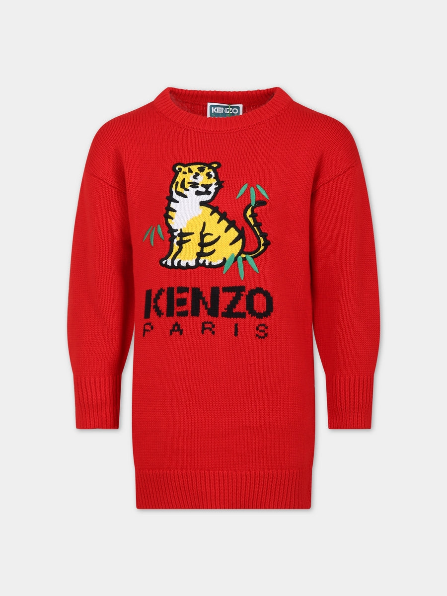 Vestito rosso per bambina con logo e tigre,Kenzo Kids,K12336 990