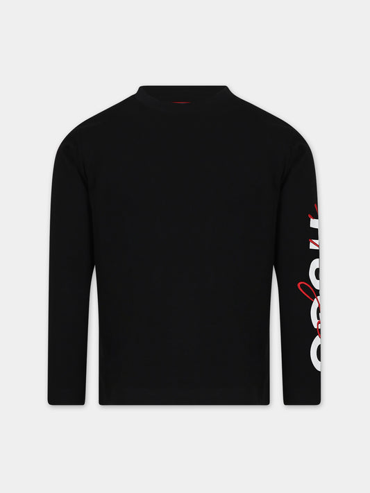 T-shirt nera per bambino con stampa logo,Hugo,G25134 09B