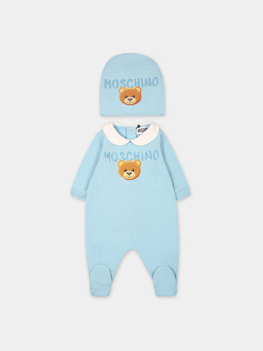 Set celeste per neonato con Teddy bear e logo,Moschino Kids,MOY026 LDA17 40304