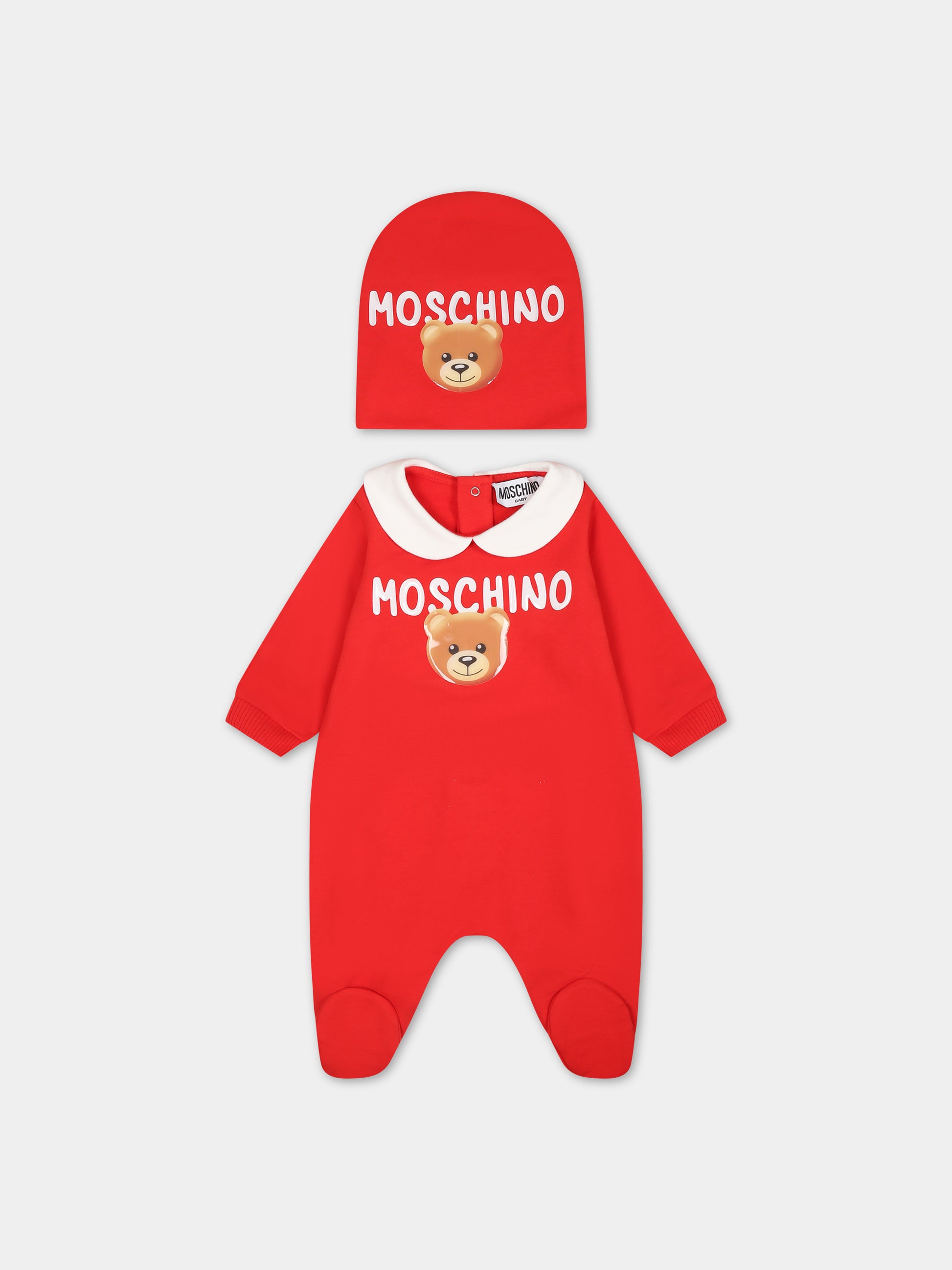 Set rosso per neonati con Teddy bear e logo,Moschino Kids,MOY026 LDA17 50109