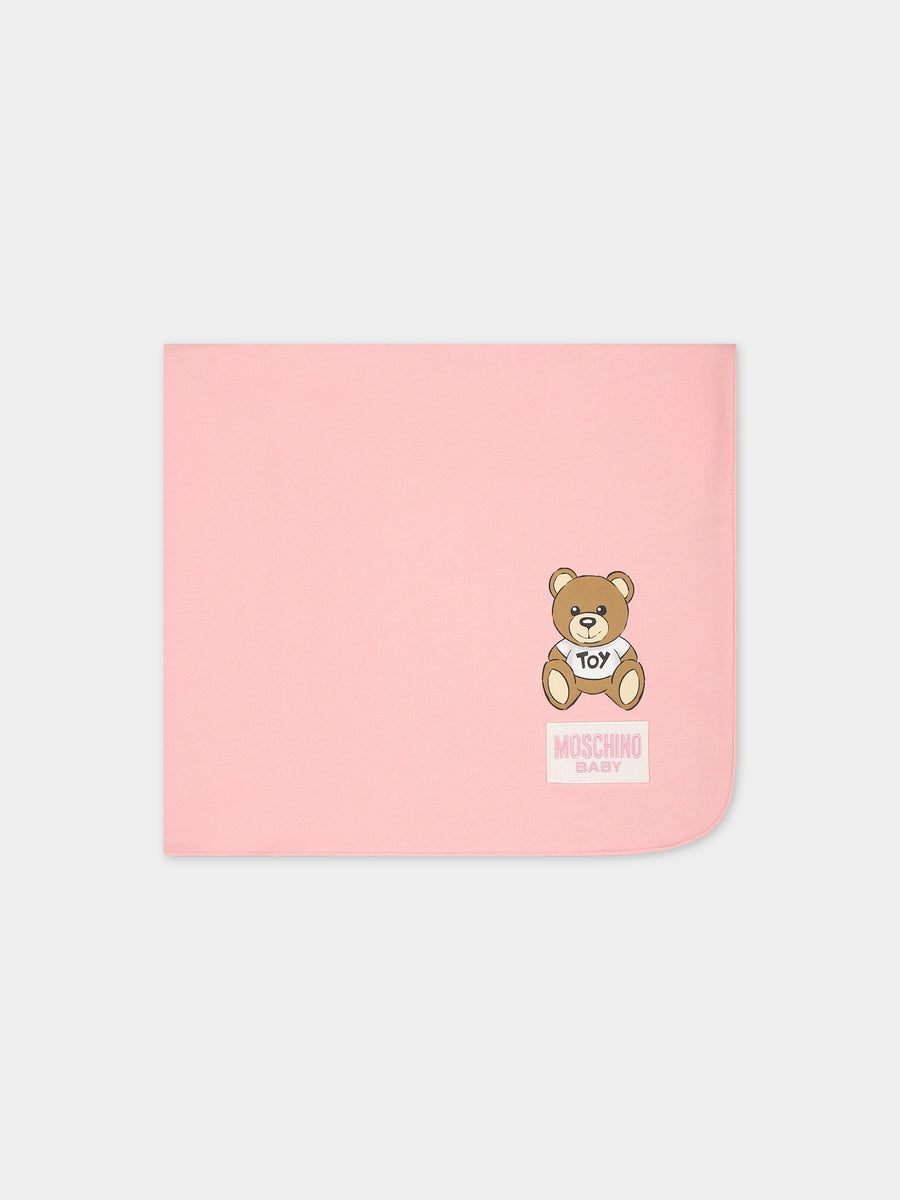 Coperta rosa per neonata con Teddy Bear e logo,Moschino Kids,MXB005 LCB38 83438